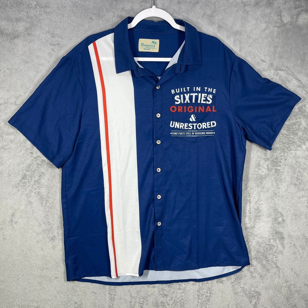 Royaura Button‎ Down Shirt Mens L Blue Built In The Sixties Graphic Stripe